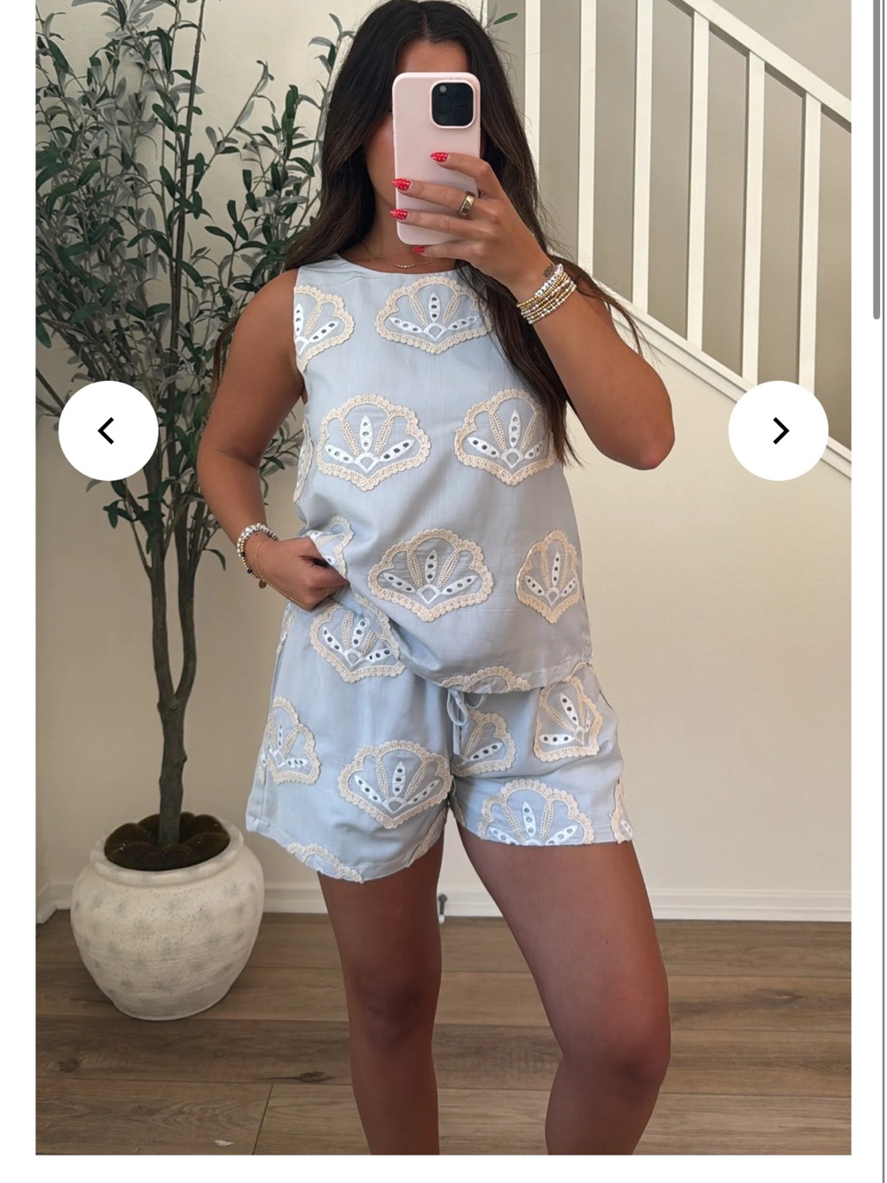 Light blue shell embroidered tank and shorts set